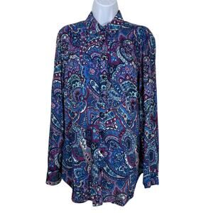 Talbots Top Womens Small Blue Floral Paisley Button Down Collared Classy Mature